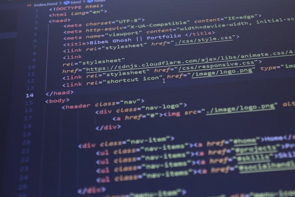 A close-up view of a computer screen displaying HTML code in a text editor, with visible tags such as <!DOCTYPE html>, <html>, <head>, <title>, <link>, and <body>. The code appears to be part of a web